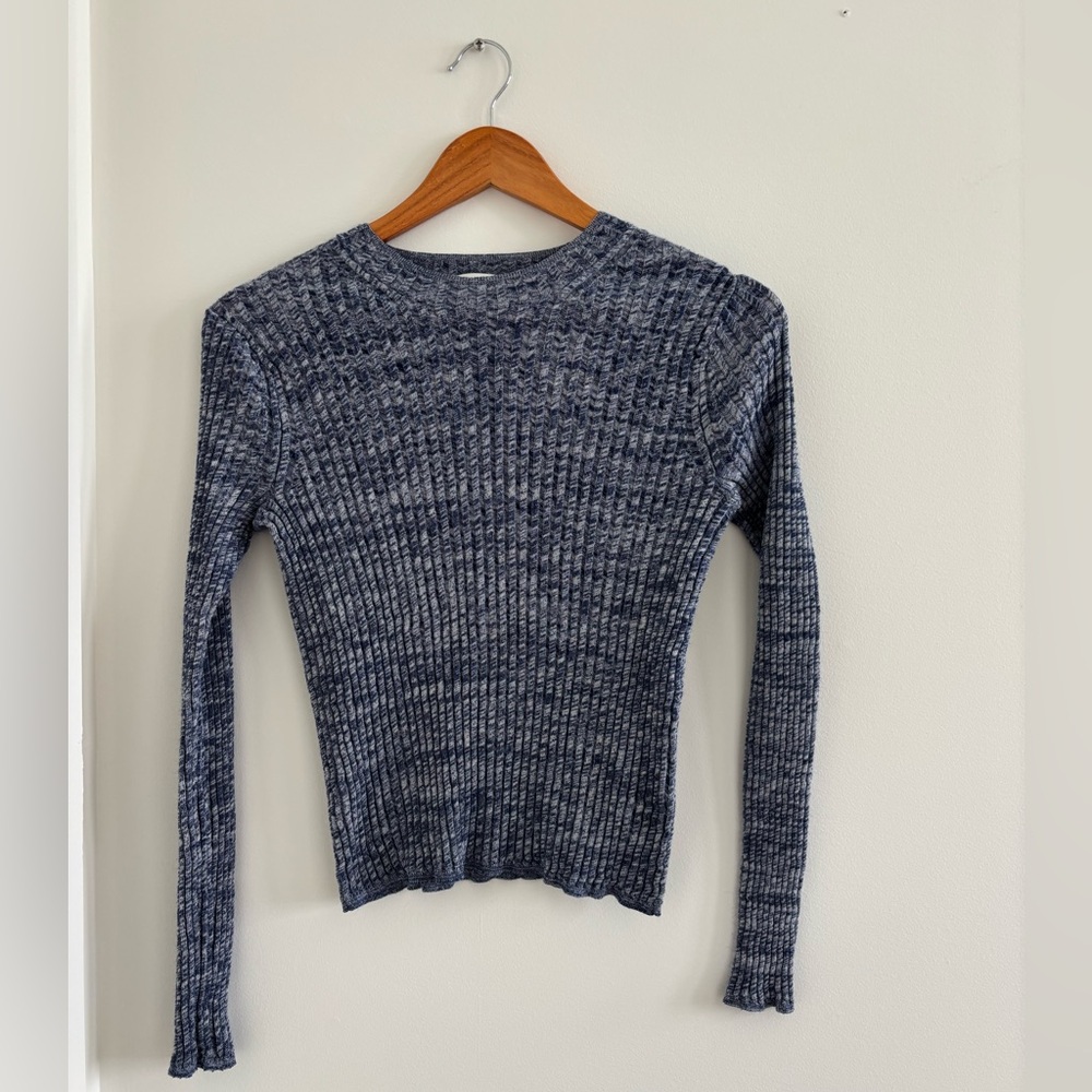 Vince Blue Heathered Ribbed Long Sleeve Top Wool Cotton Blend Size S